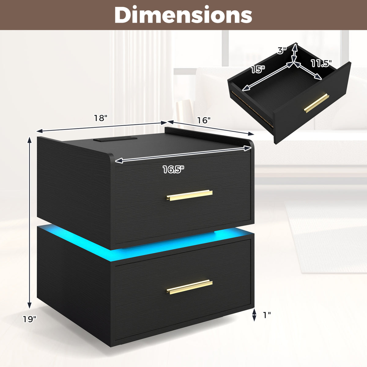 Nightstand with Charging Station LED Bedside Table with 2 Storage Drawers