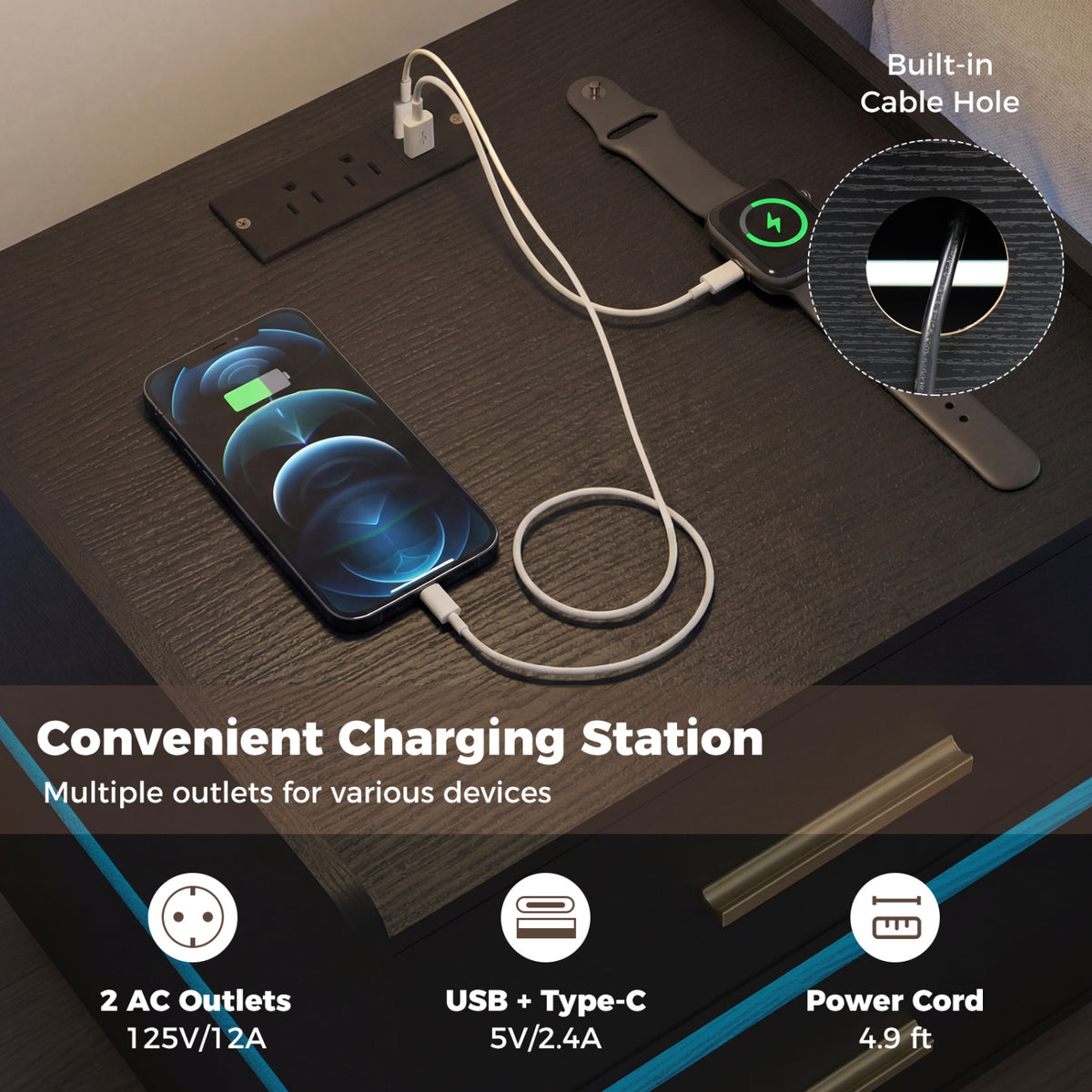 Nightstand with Charging Station LED Bedside Table with 2 Storage Drawers