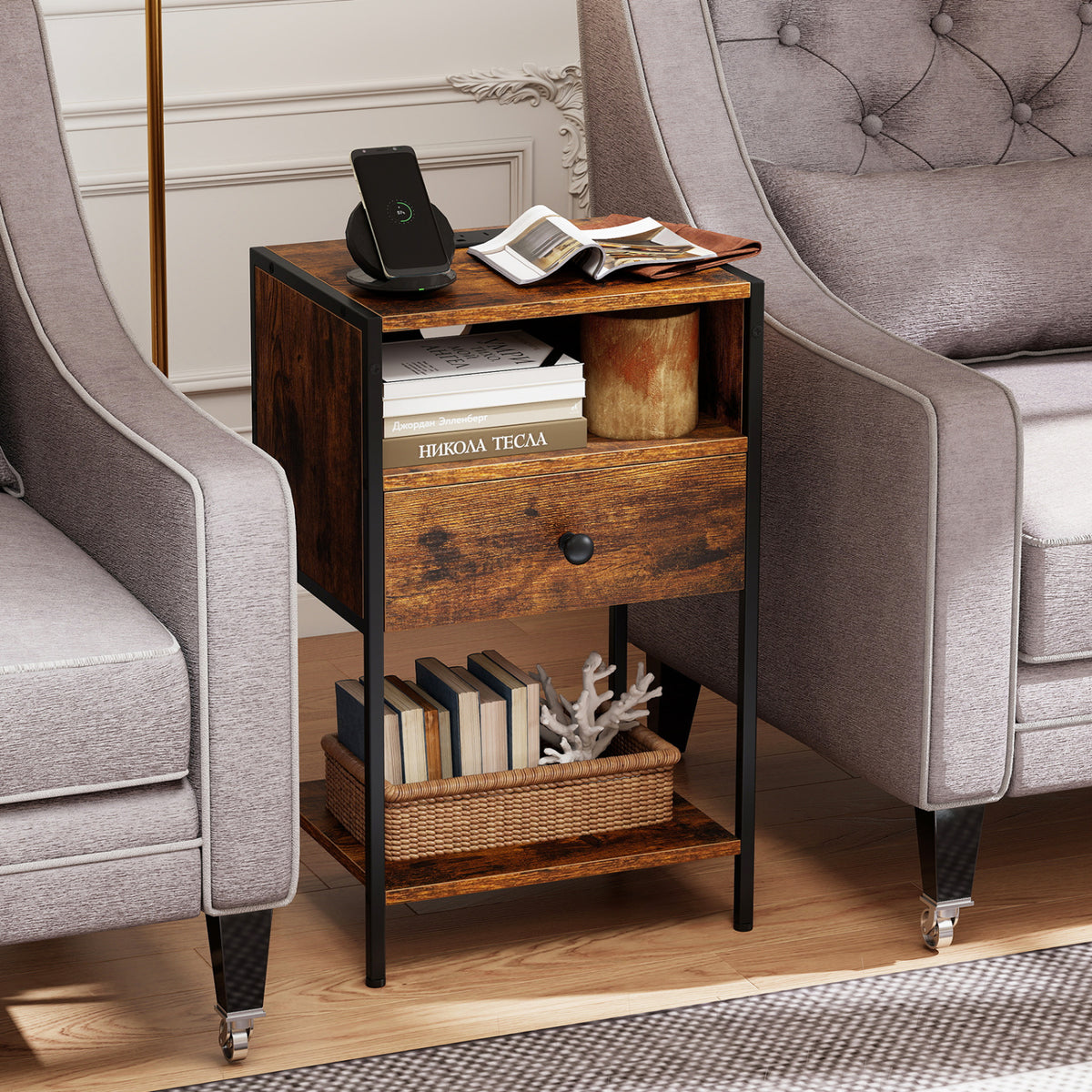 Nightstand with Charging Station Bedside Table with USB Ports and Outlets