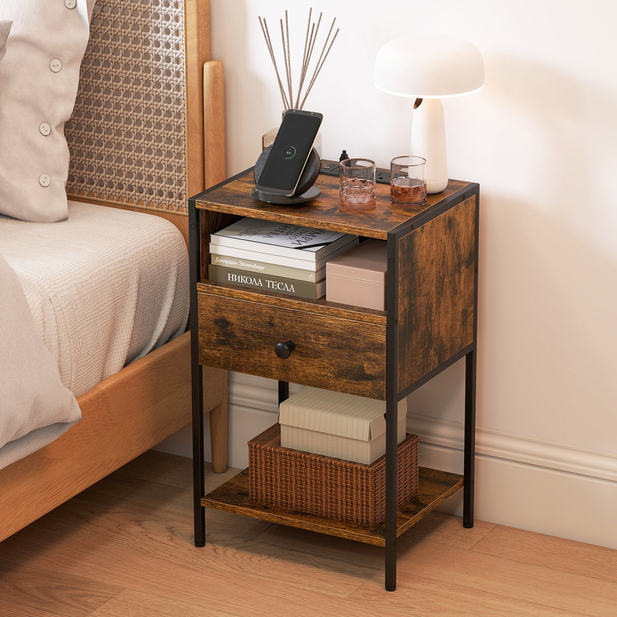 Nightstand with Charging Station Bedside Table with USB Ports and Outlets