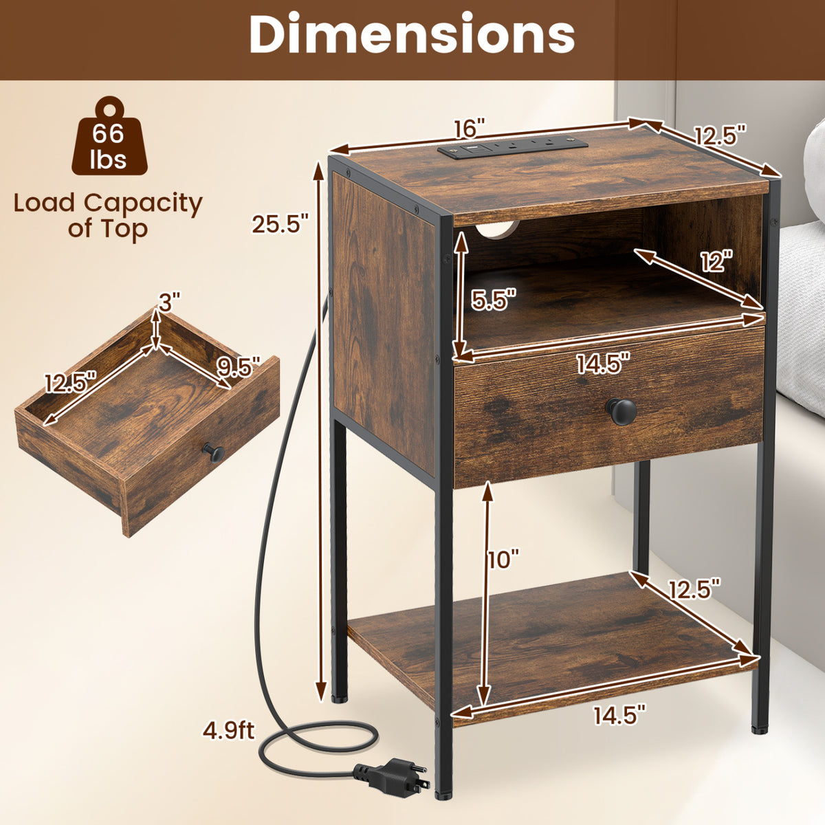 Nightstand with Charging Station Bedside Table with USB Ports and Outlets