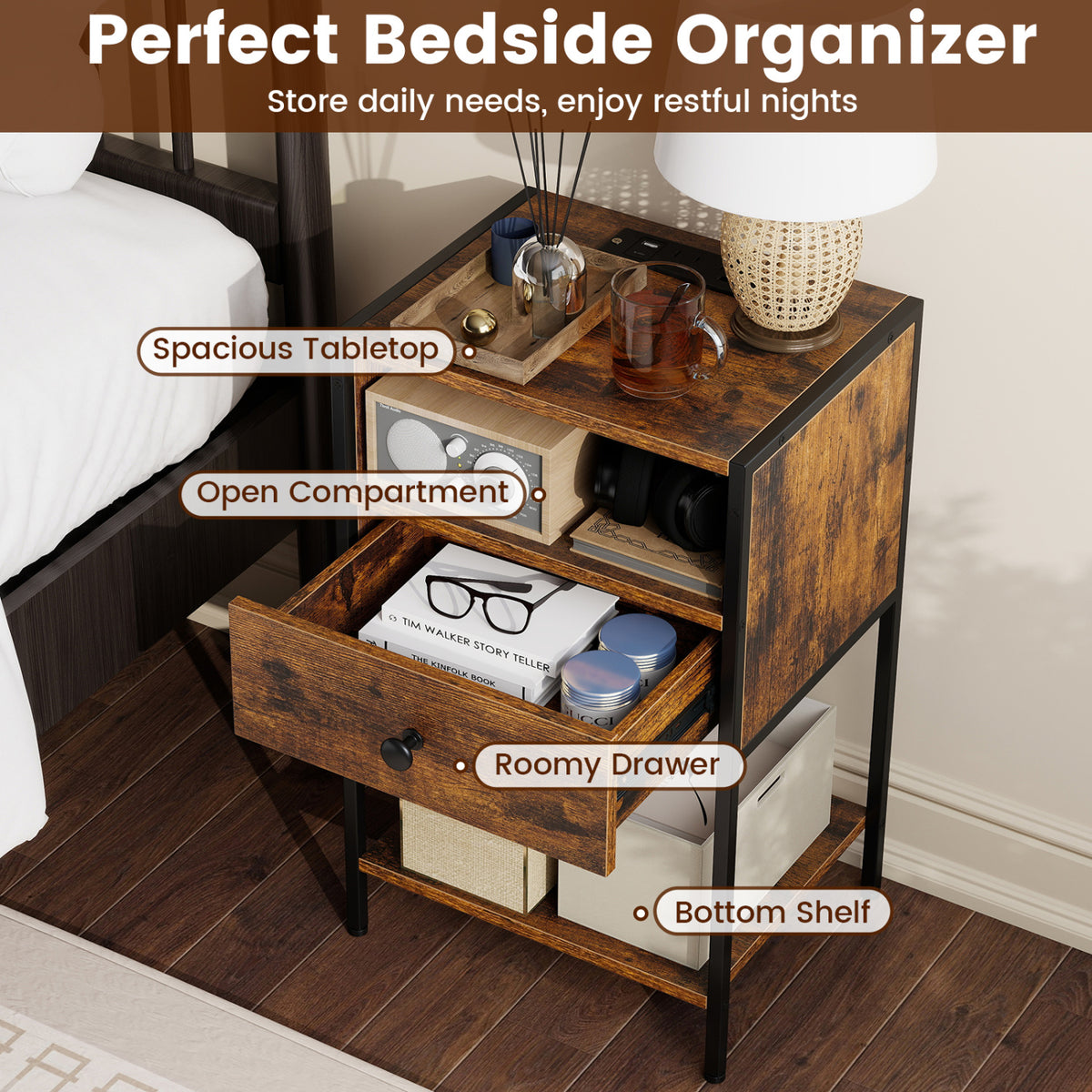 Nightstand with Charging Station Bedside Table with USB Ports and Outlets