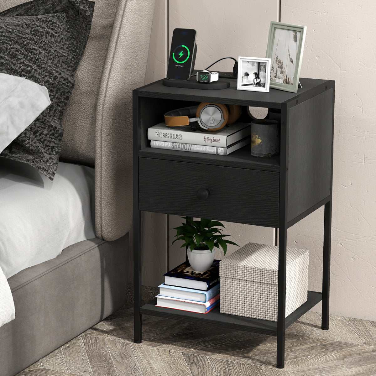 Nightstand with Charging Station Bedside Table with USB Ports and Outlets