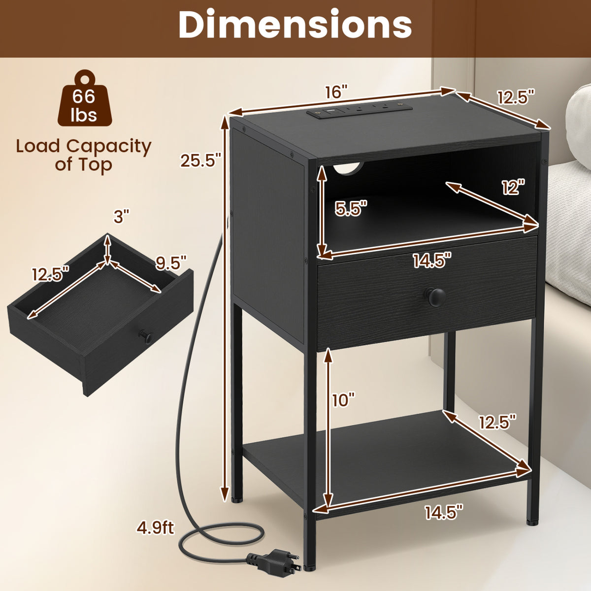 Nightstand with Charging Station Bedside Table with USB Ports and Outlets