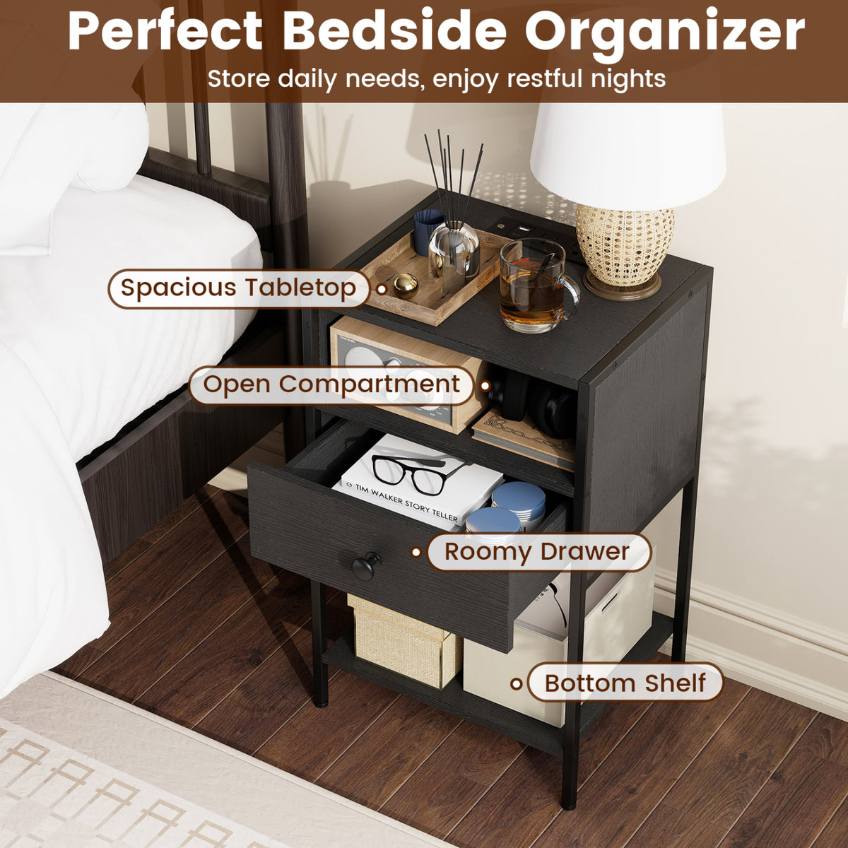 Nightstand with Charging Station Bedside Table with USB Ports and Outlets