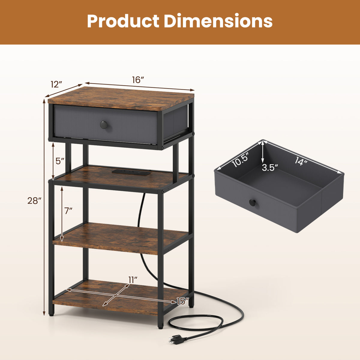 Nightstand with Charging Station 28 Inch Tall Bedside Table with Fabric Drawer-Rustic Brown