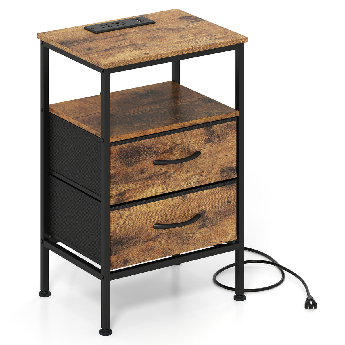 Nightstand with Charging Station 24.5 inch Modern Bedside Table with 2 Fabric Drawers