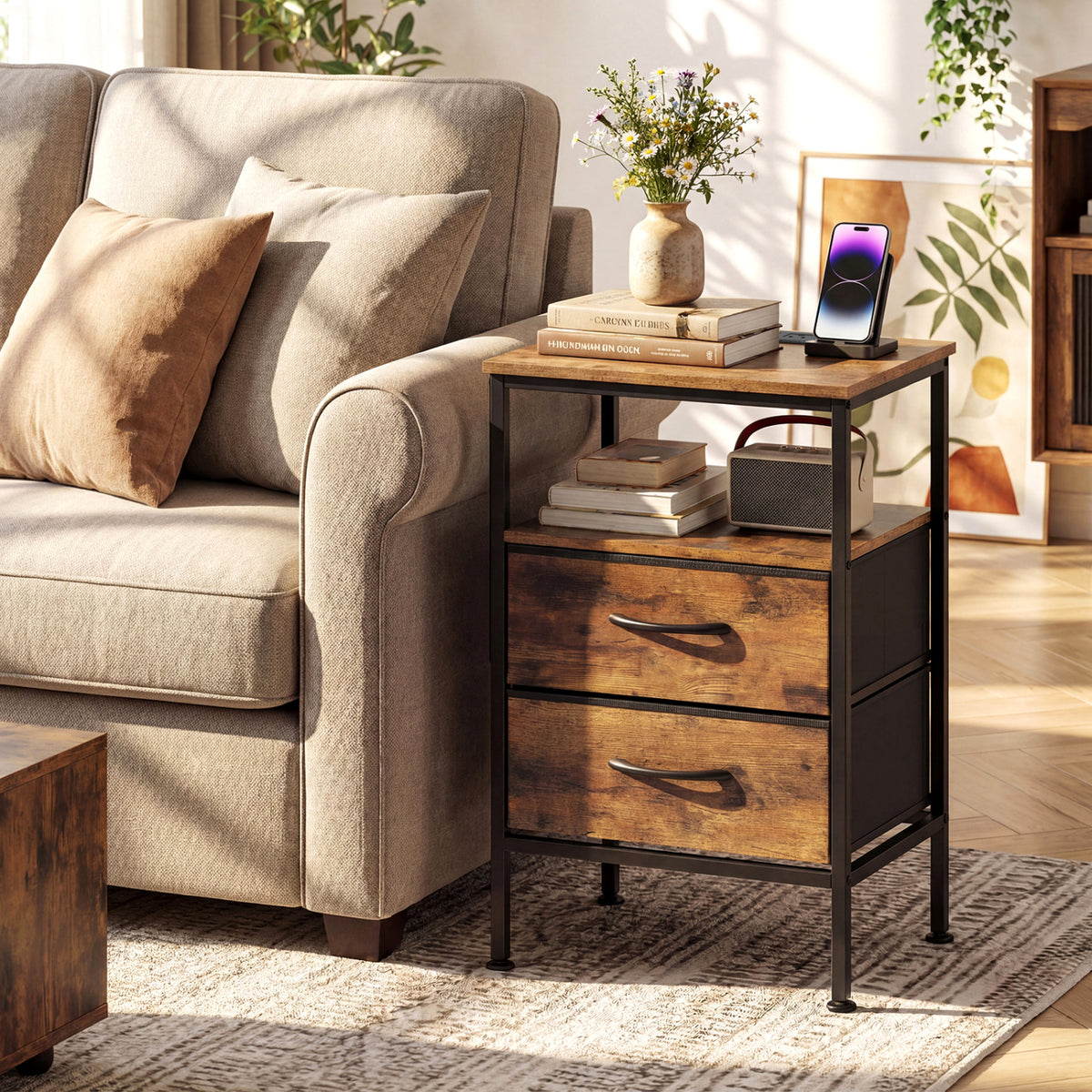 Nightstand with Charging Station 24.5 inch Modern Bedside Table with 2 Fabric Drawers