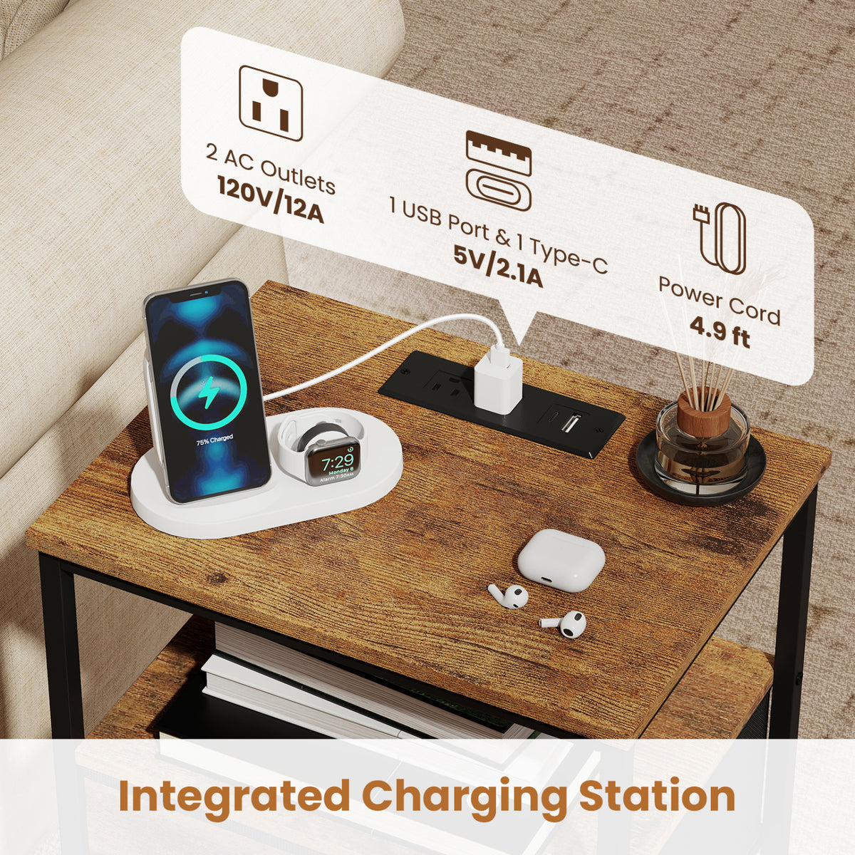Nightstand with Charging Station 24.5 inch Modern Bedside Table with 2 Fabric Drawers