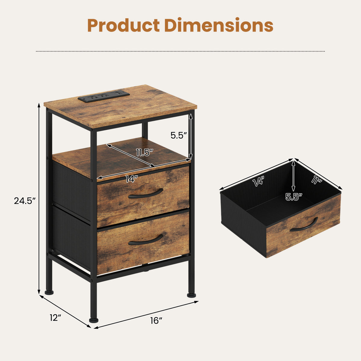 Nightstand with Charging Station 24.5 inch Modern Bedside Table with 2 Fabric Drawers