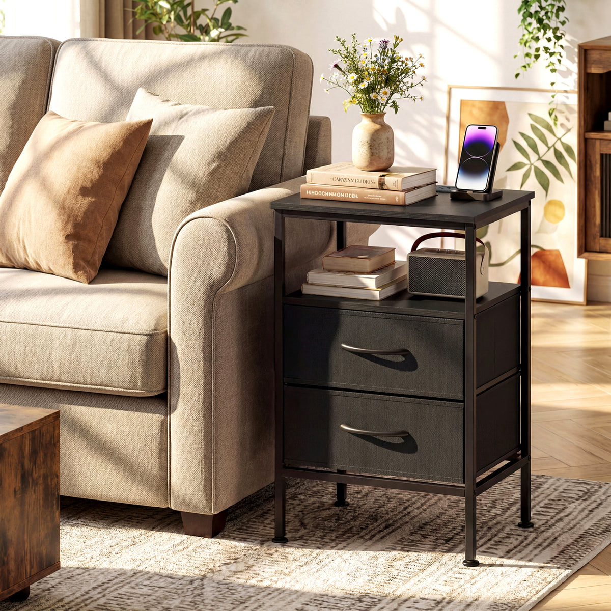 Nightstand with Charging Station 24.5 inch Modern Bedside Table with 2 Fabric Drawers