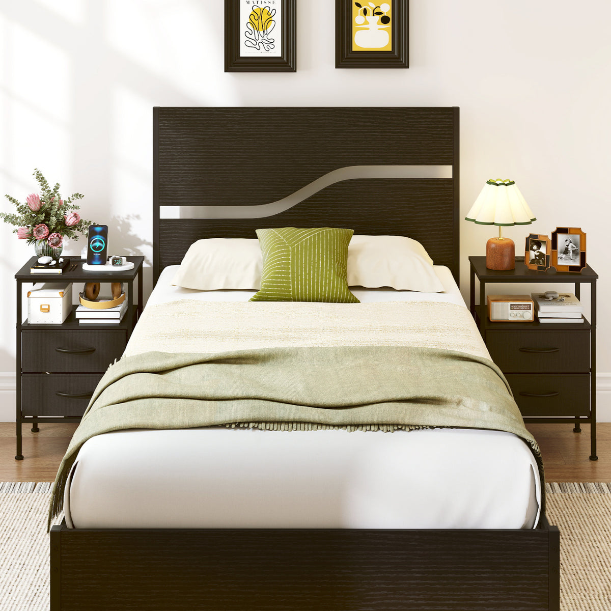 Nightstand with Charging Station 24.5 inch Modern Bedside Table with 2 Fabric Drawers