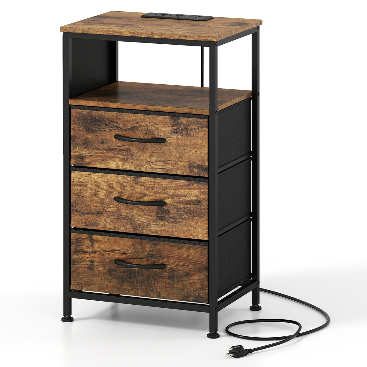 Nightstand with Charging Station 27.5 inch Modern Bedside Table with 3 Fabric Drawers