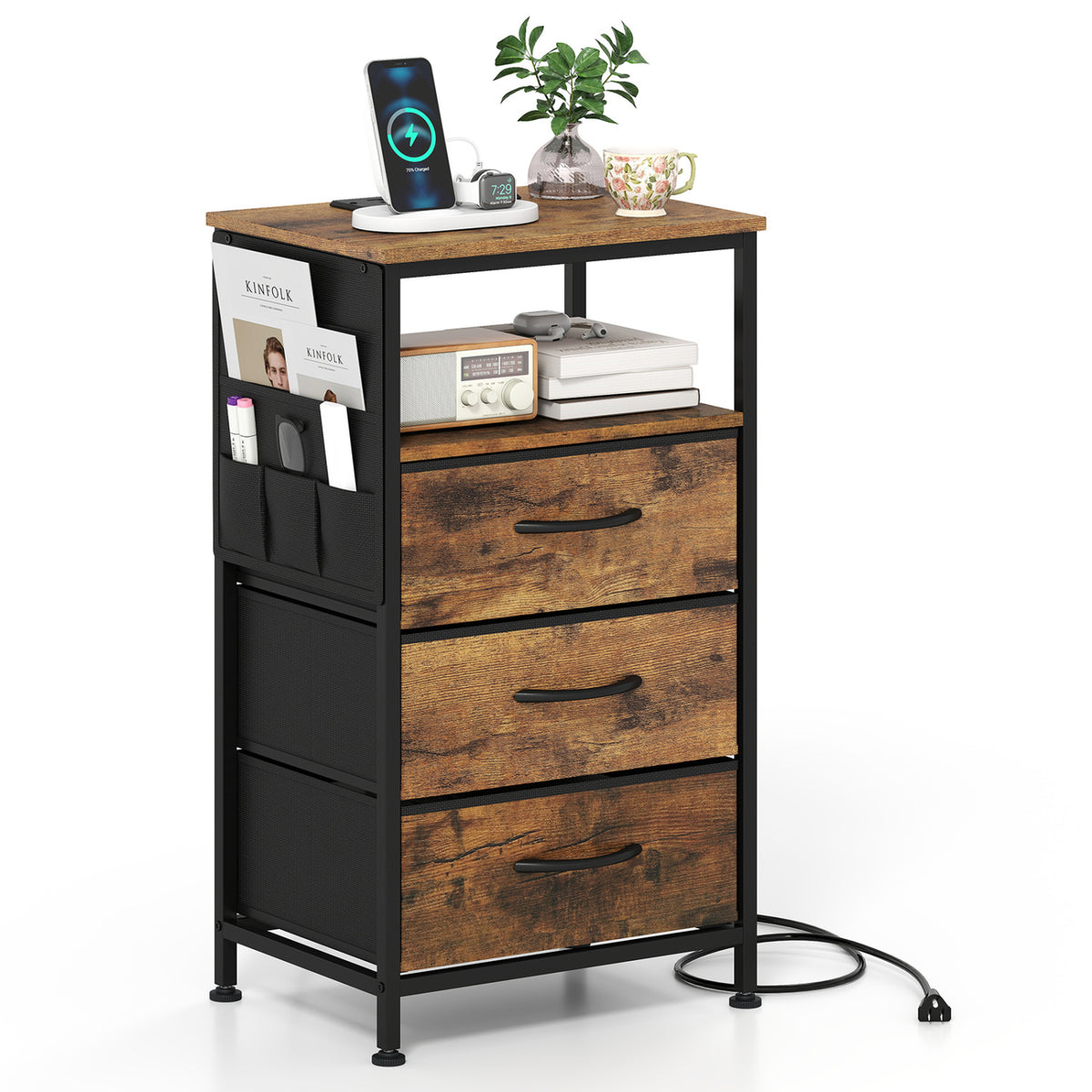 Nightstand with Charging Station 27.5 inch Modern Bedside Table with 3 Fabric Drawers