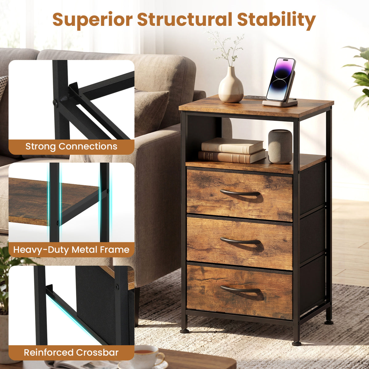 Nightstand with Charging Station 27.5 inch Modern Bedside Table with 3 Fabric Drawers