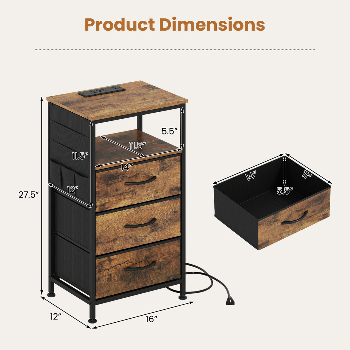 Nightstand with Charging Station 27.5 inch Modern Bedside Table with 3 Fabric Drawers
