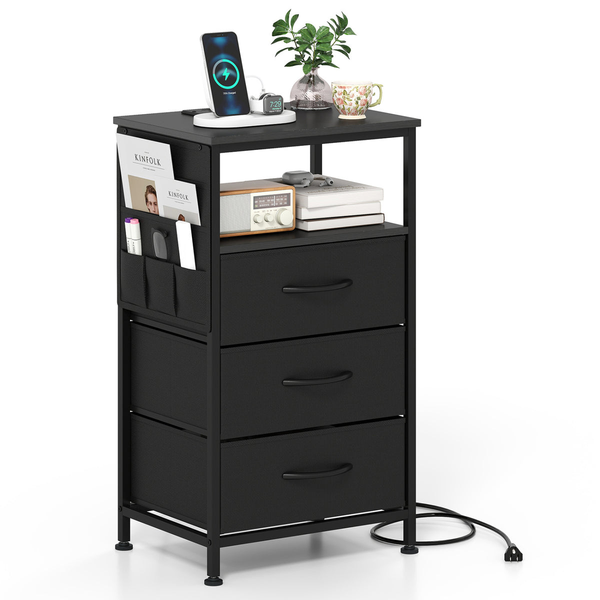 Nightstand with Charging Station 27.5 inch Modern Bedside Table with 3 Fabric Drawers