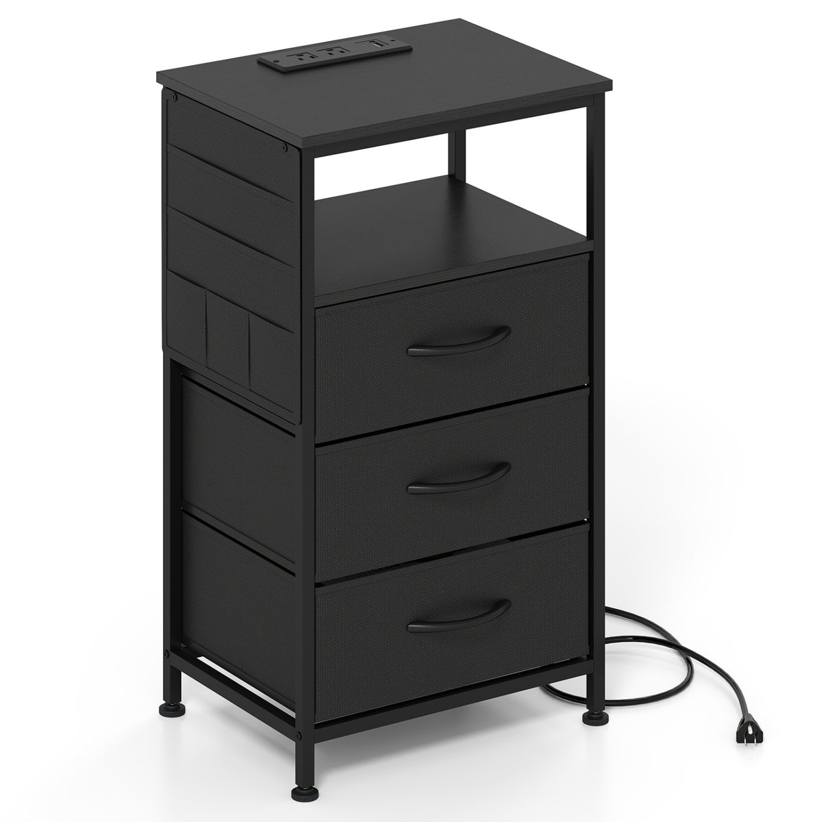 Nightstand with Charging Station 27.5 inch Modern Bedside Table with 3 Fabric Drawers