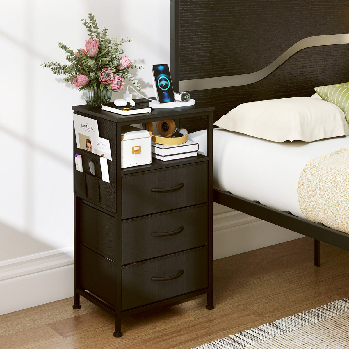 Nightstand with Charging Station 27.5 inch Modern Bedside Table with 3 Fabric Drawers