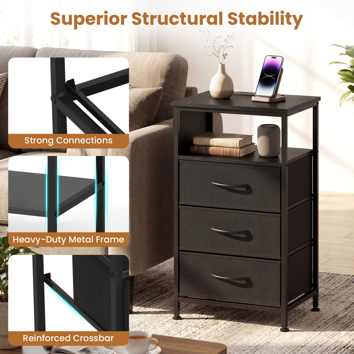 Nightstand with Charging Station 27.5 inch Modern Bedside Table with 3 Fabric Drawers