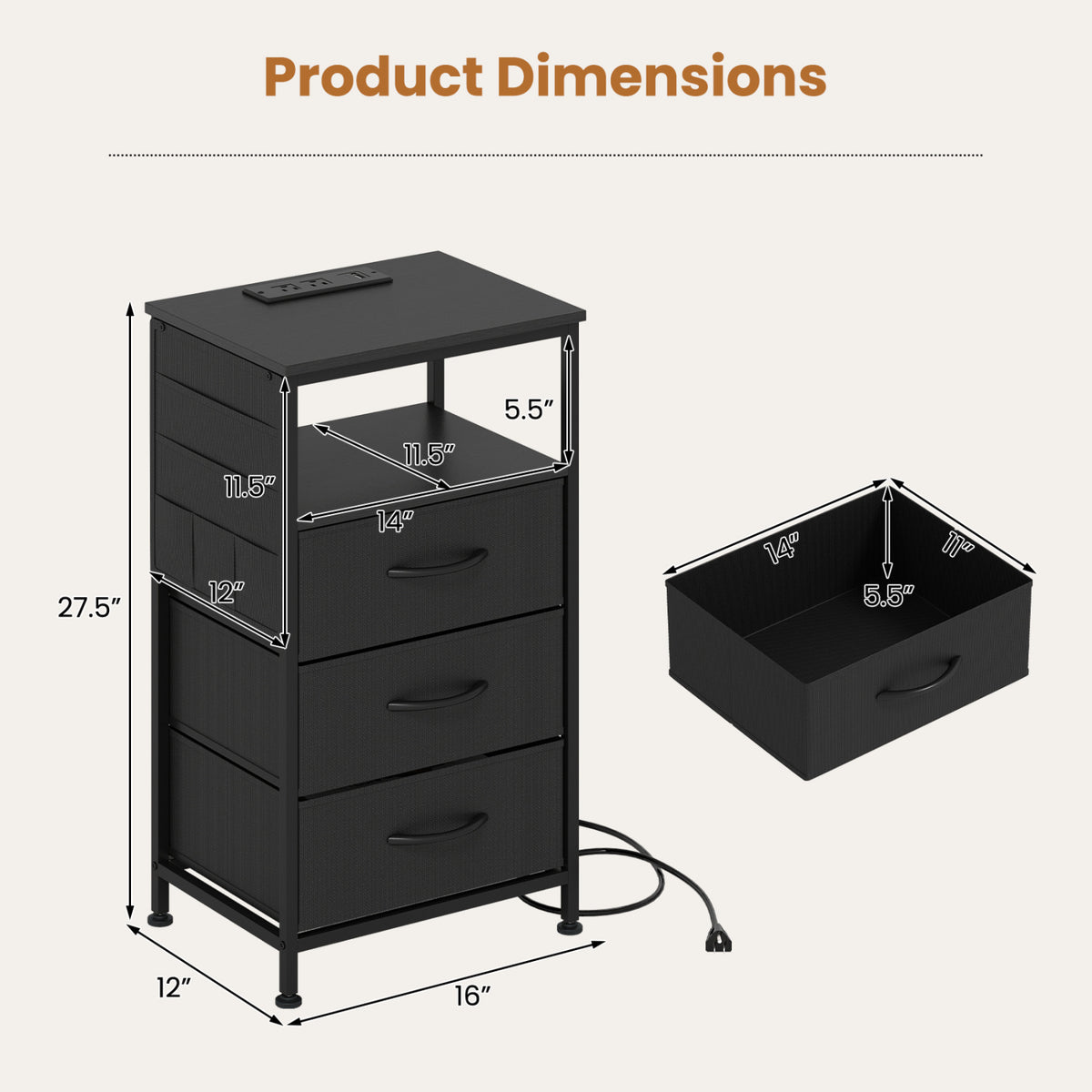Nightstand with Charging Station 27.5 inch Modern Bedside Table with 3 Fabric Drawers