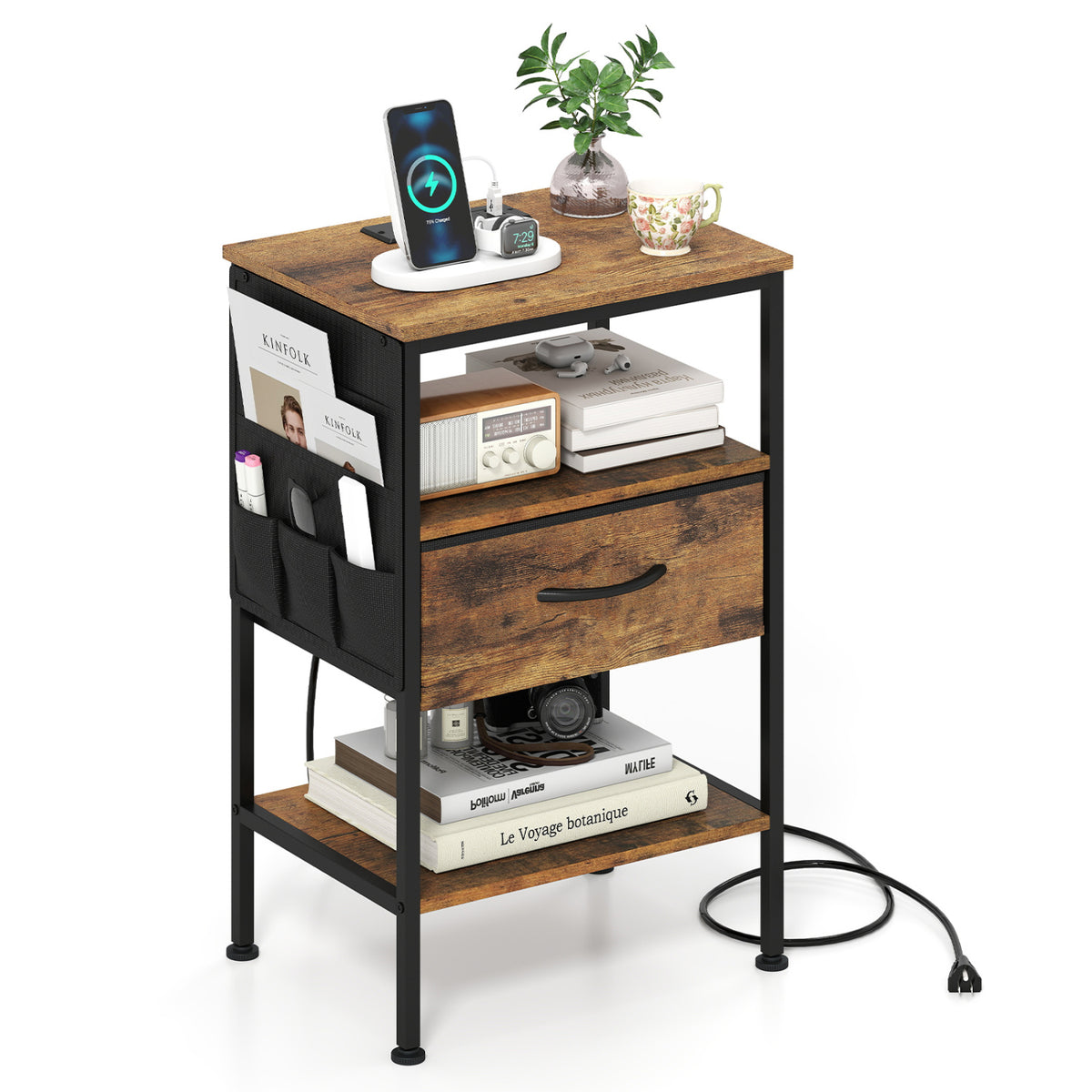 Nightstand with Charging Station 24.5 inch Modern Bedside Table with Fabric Drawer