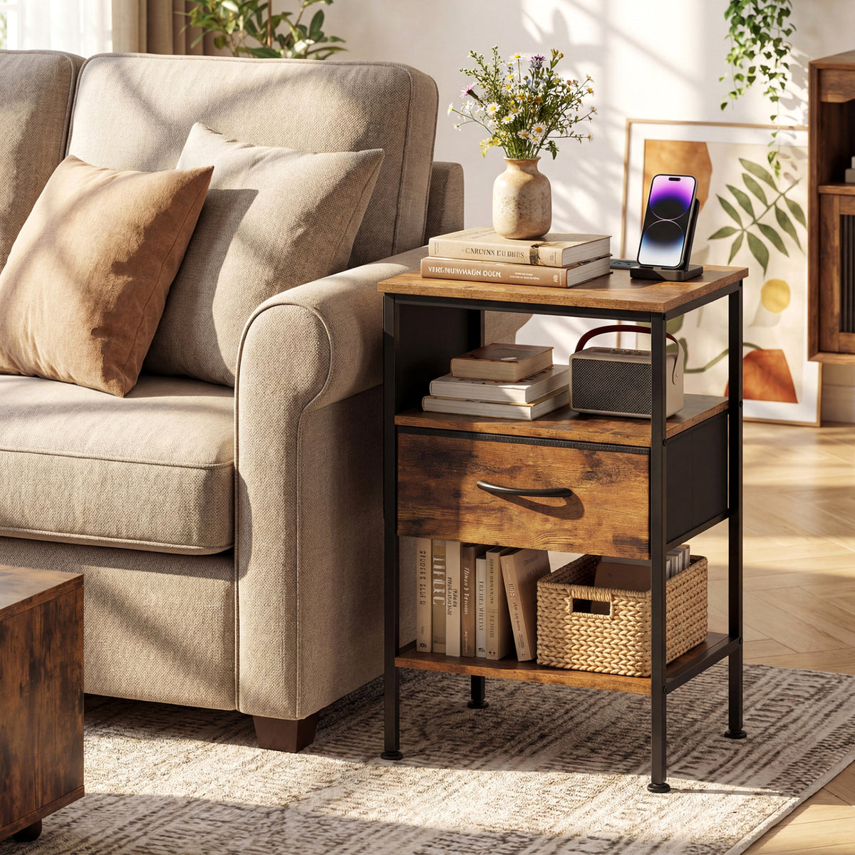 Nightstand with Charging Station 24.5 inch Modern Bedside Table with Fabric Drawer