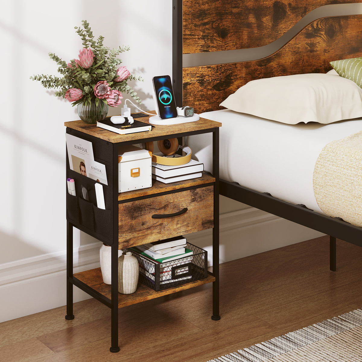 Nightstand with Charging Station 24.5 inch Modern Bedside Table with Fabric Drawer