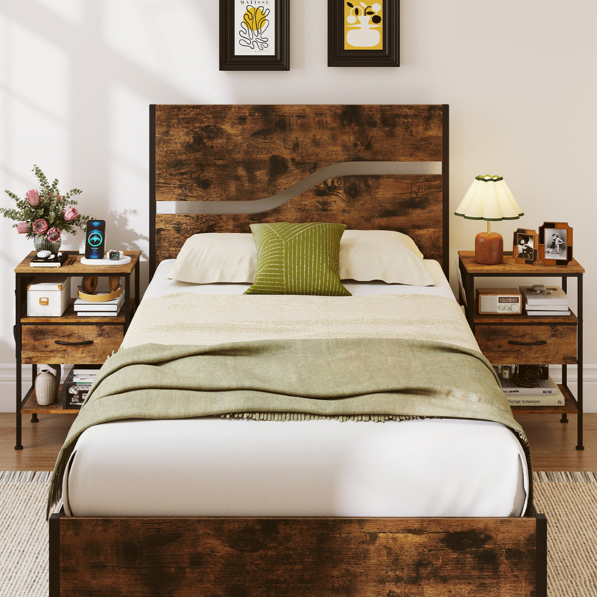 Nightstand with Charging Station 24.5 inch Modern Bedside Table with Fabric Drawer