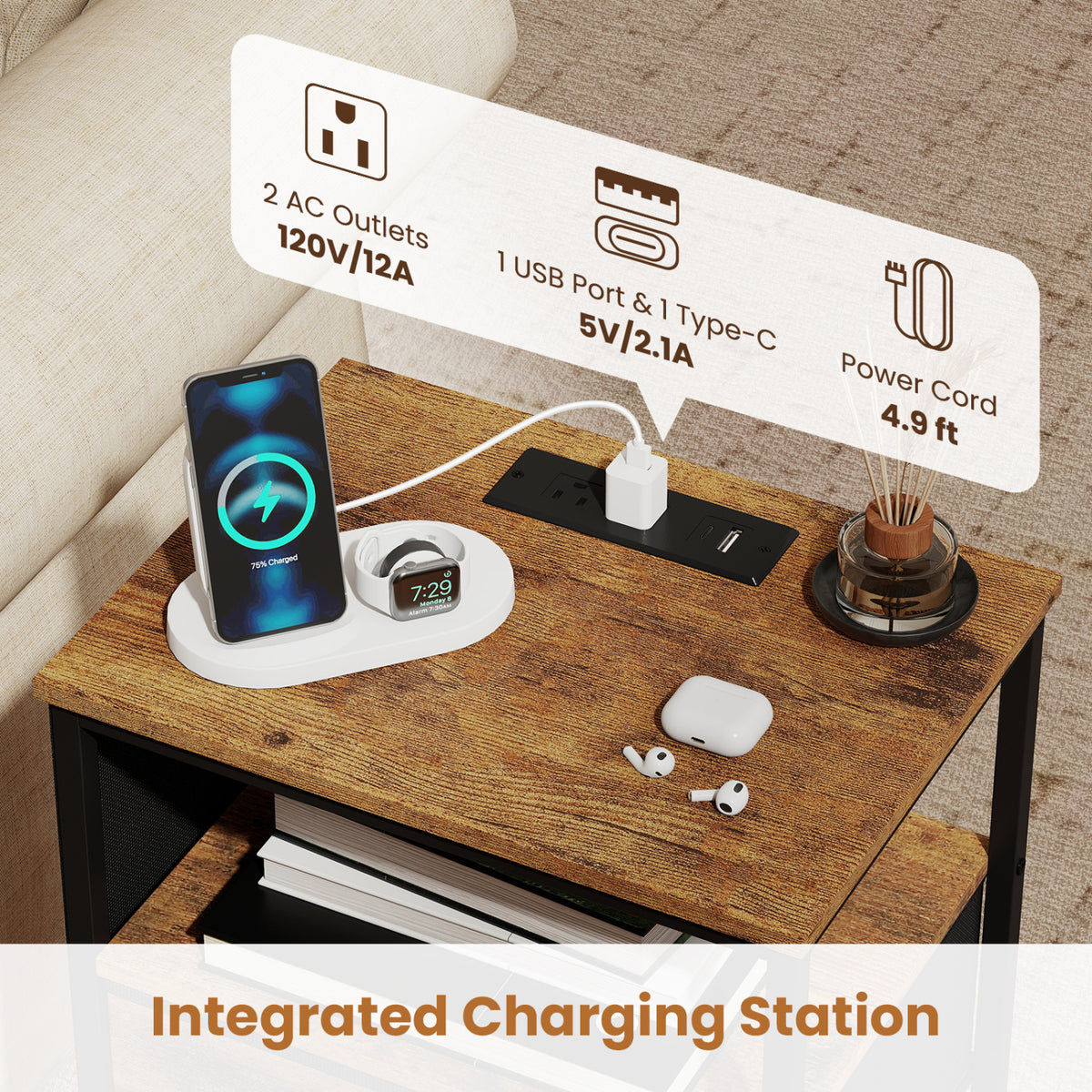 Nightstand with Charging Station 24.5 inch Modern Bedside Table with Fabric Drawer
