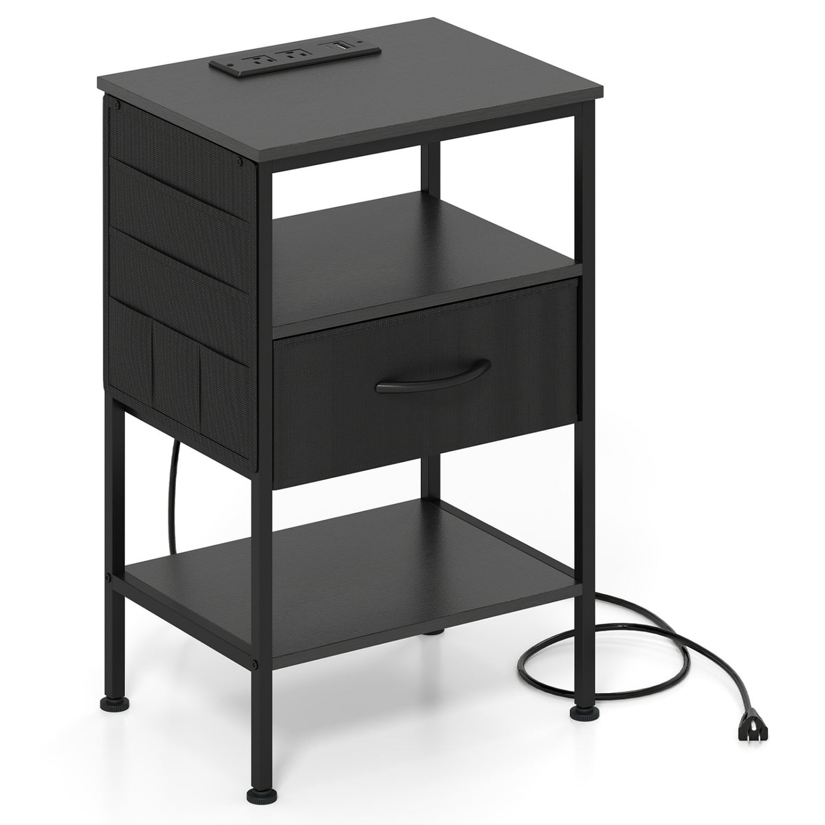 Nightstand with Charging Station 24.5 inch Modern Bedside Table with Fabric Drawer
