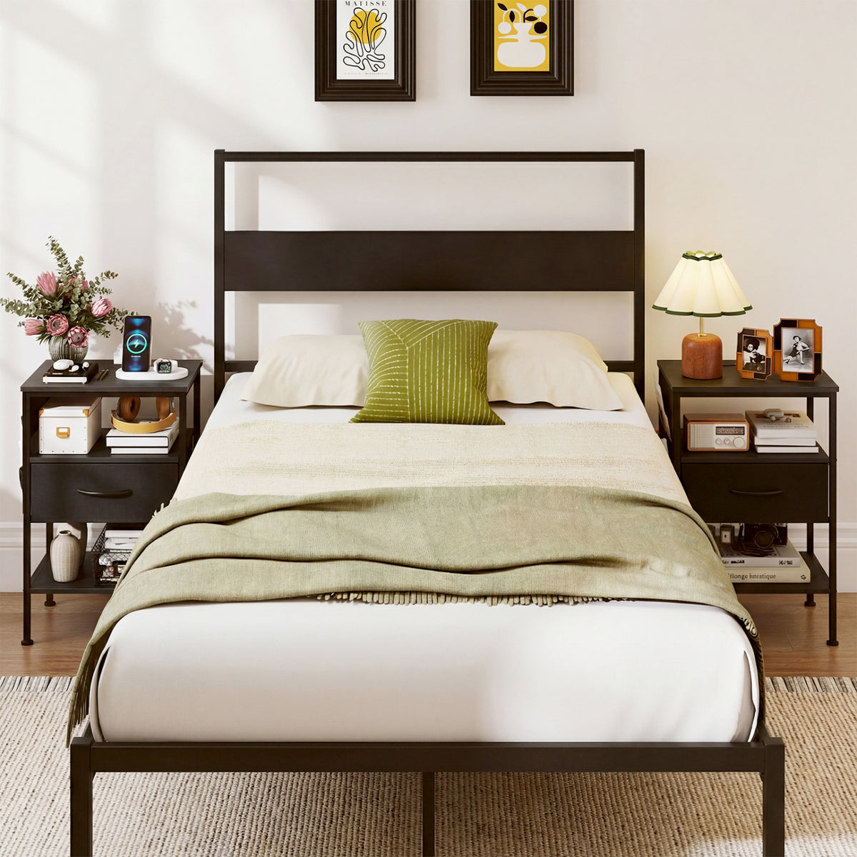 Nightstand with Charging Station 24.5 inch Modern Bedside Table with Fabric Drawer