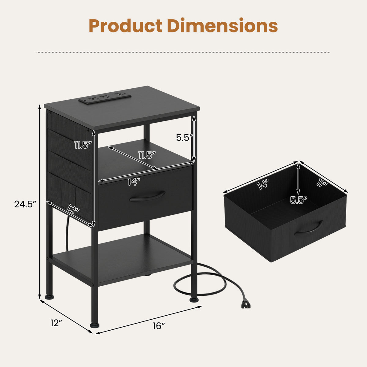 Nightstand with Charging Station 24.5 inch Modern Bedside Table with Fabric Drawer