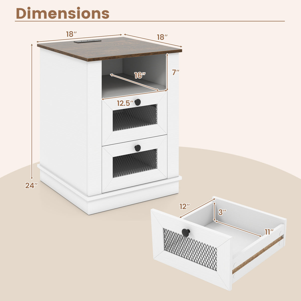 Nightstand with Charging Station and 2 Drawers Storage Compartment for Bedroom-Rustic Brown