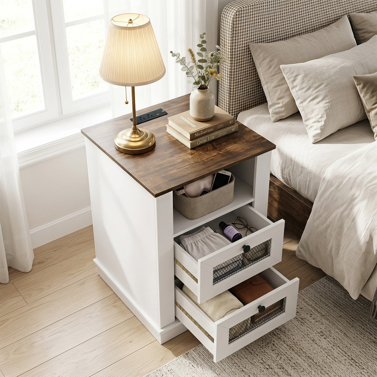 Nightstand with Charging Station and 2 Drawers Storage Compartment for Bedroom-Rustic Brown