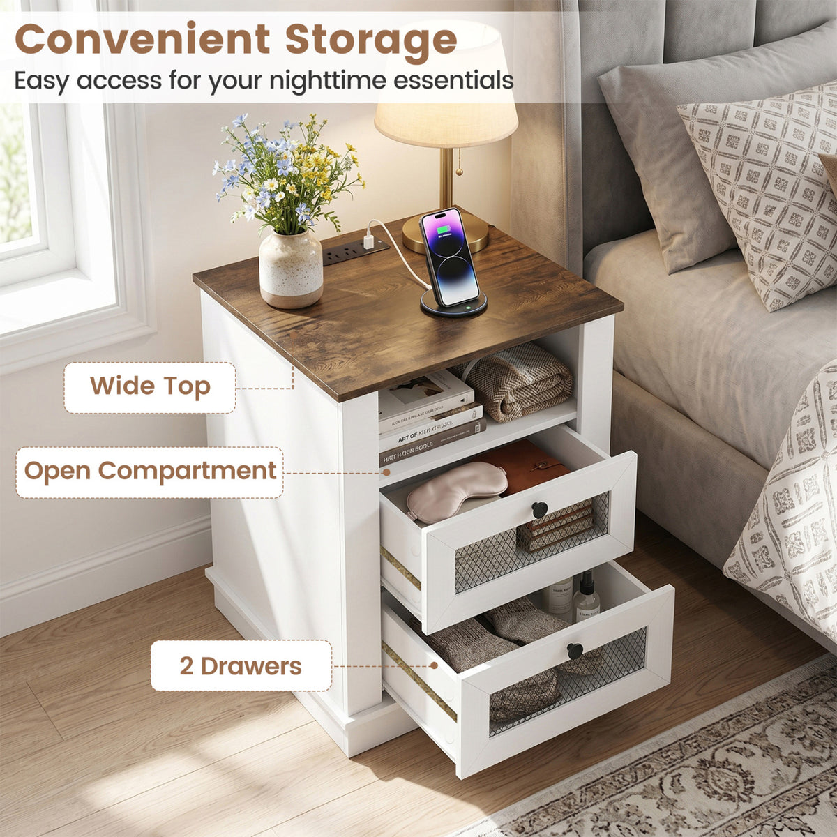 Nightstand with Charging Station and 2 Drawers Storage Compartment for Bedroom-Rustic Brown