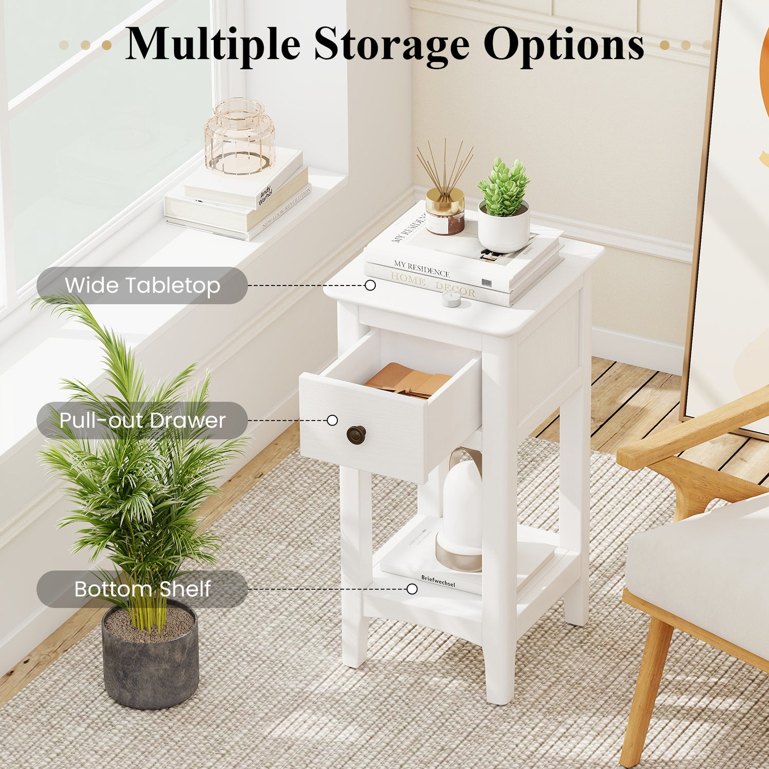 3-Tier Nightstand with Drawer and Open Storage Shelf