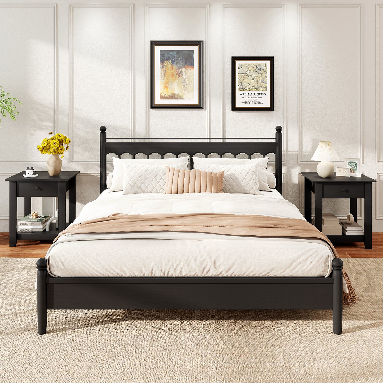 Set of 2 Nightstand with Drawer 3-Tier Modern Bedside Table with Open Shelf and Storage