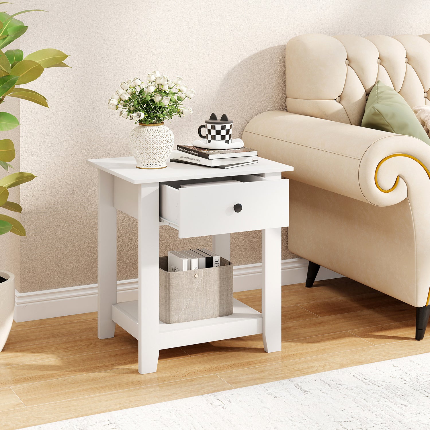 Nightstand with Drawer 3-Tier Modern Bedside Table with Open Shelf and Storage