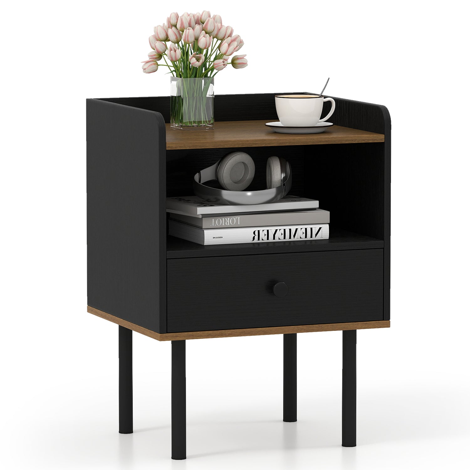 Nightstand with Drawer 3-Tier Sofa Side Table with Open Storage Shelf-Black