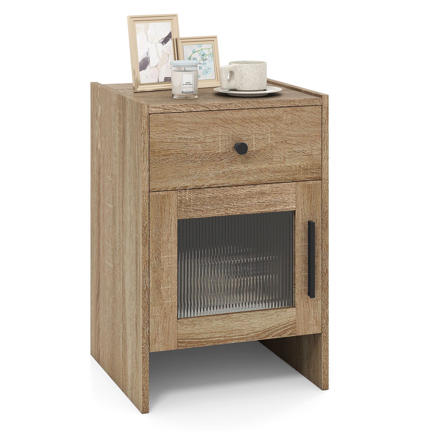 Nightstand with Drawer and Cabinet-Antique Brush White