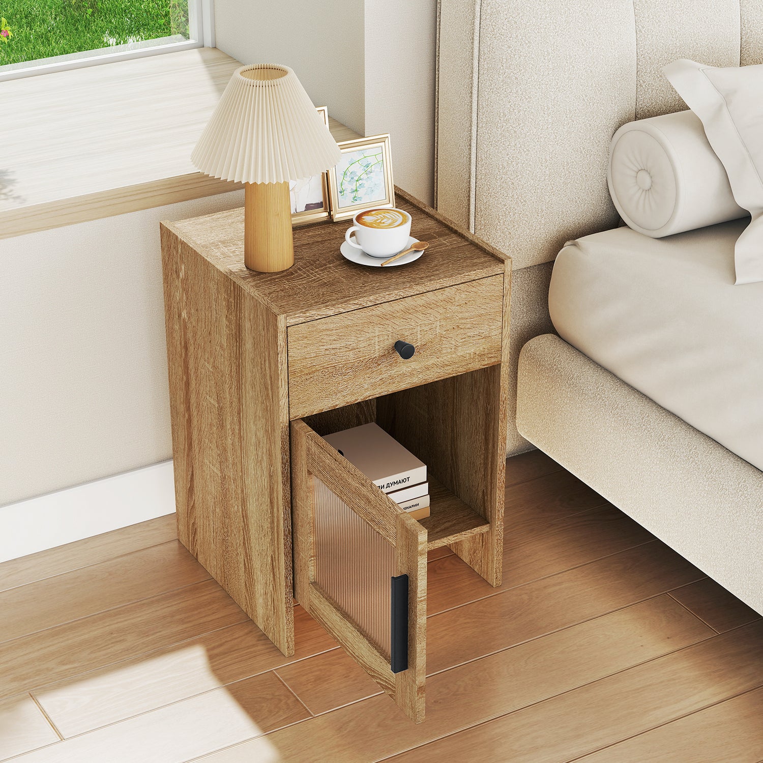 Nightstand with Drawer and Cabinet-Antique Brush White