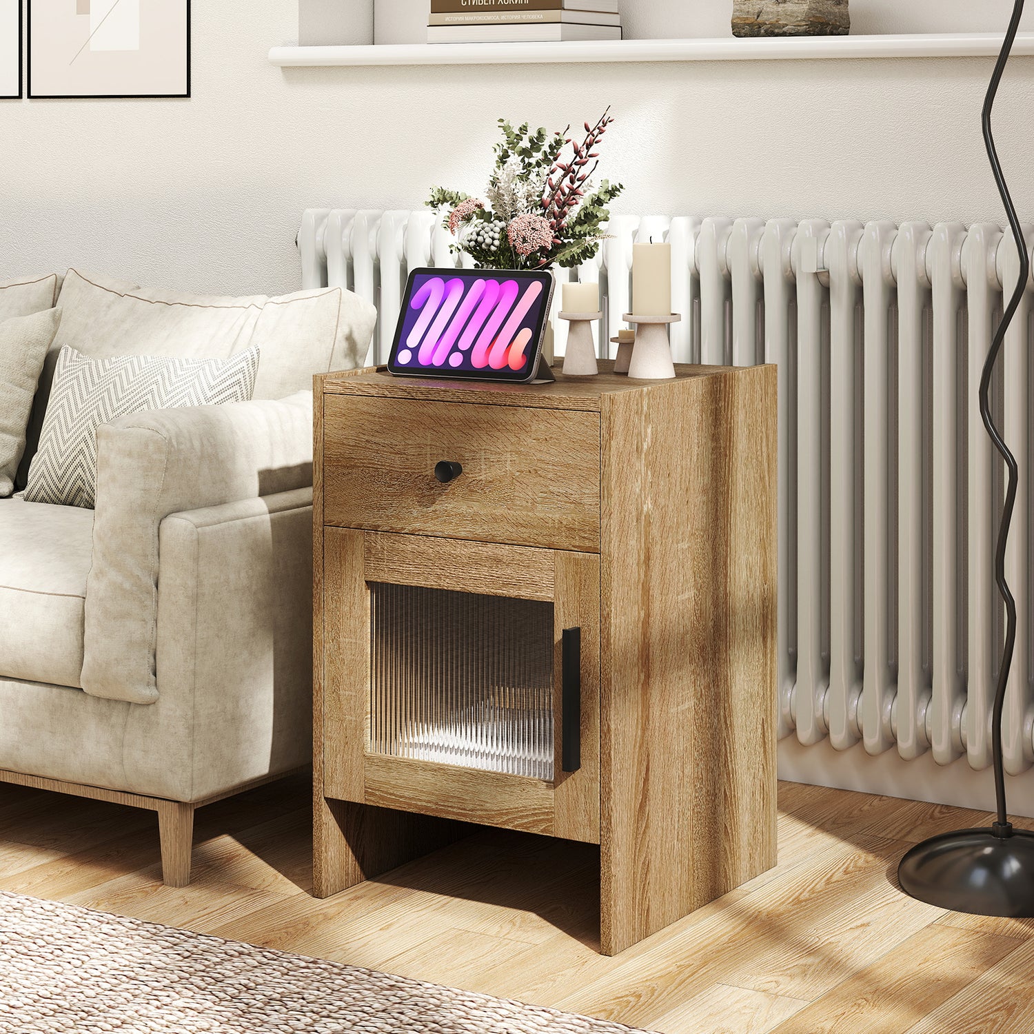 Nightstand with Drawer and Cabinet-Antique Brush White