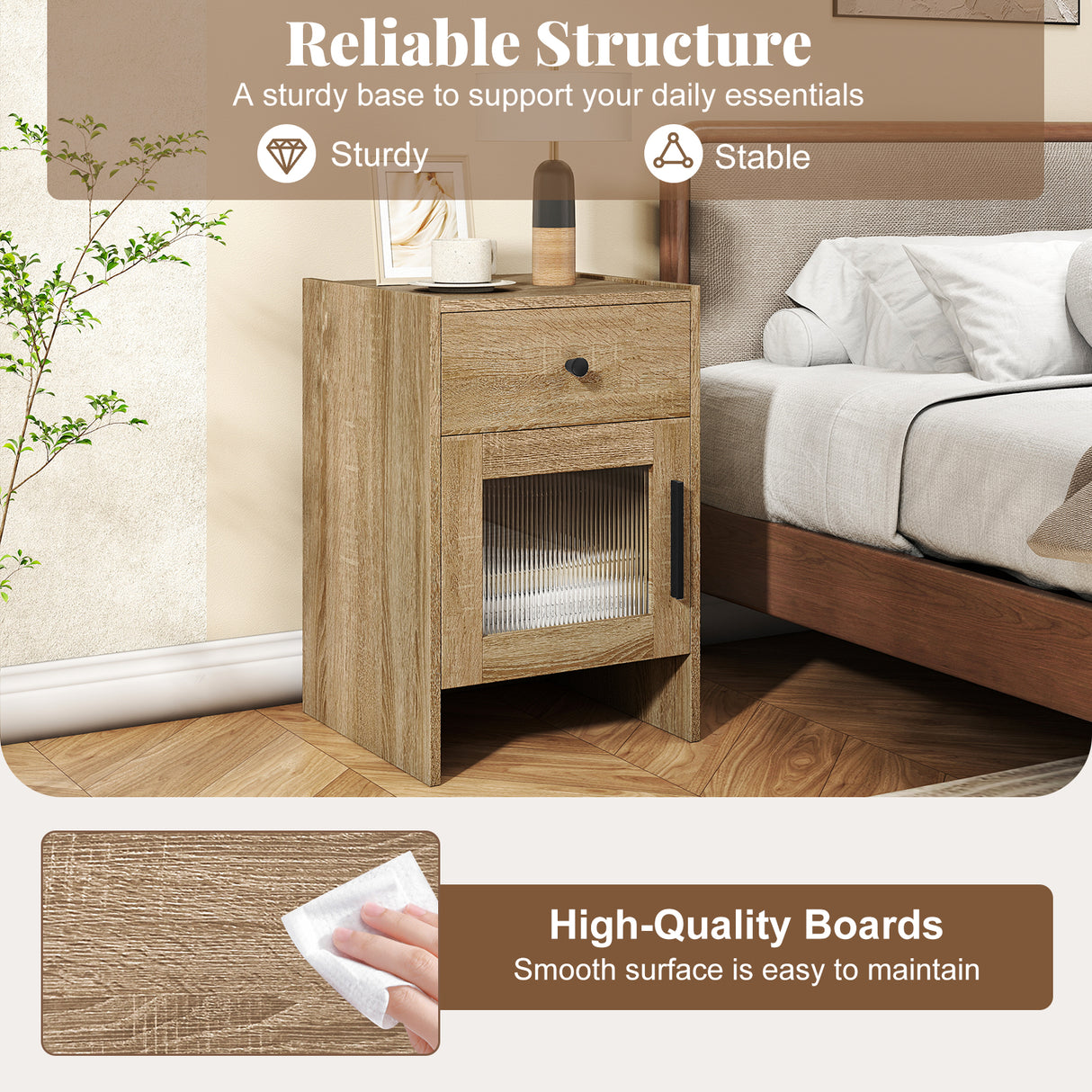 Nightstand with Drawer and Cabinet-Antique Brush White
