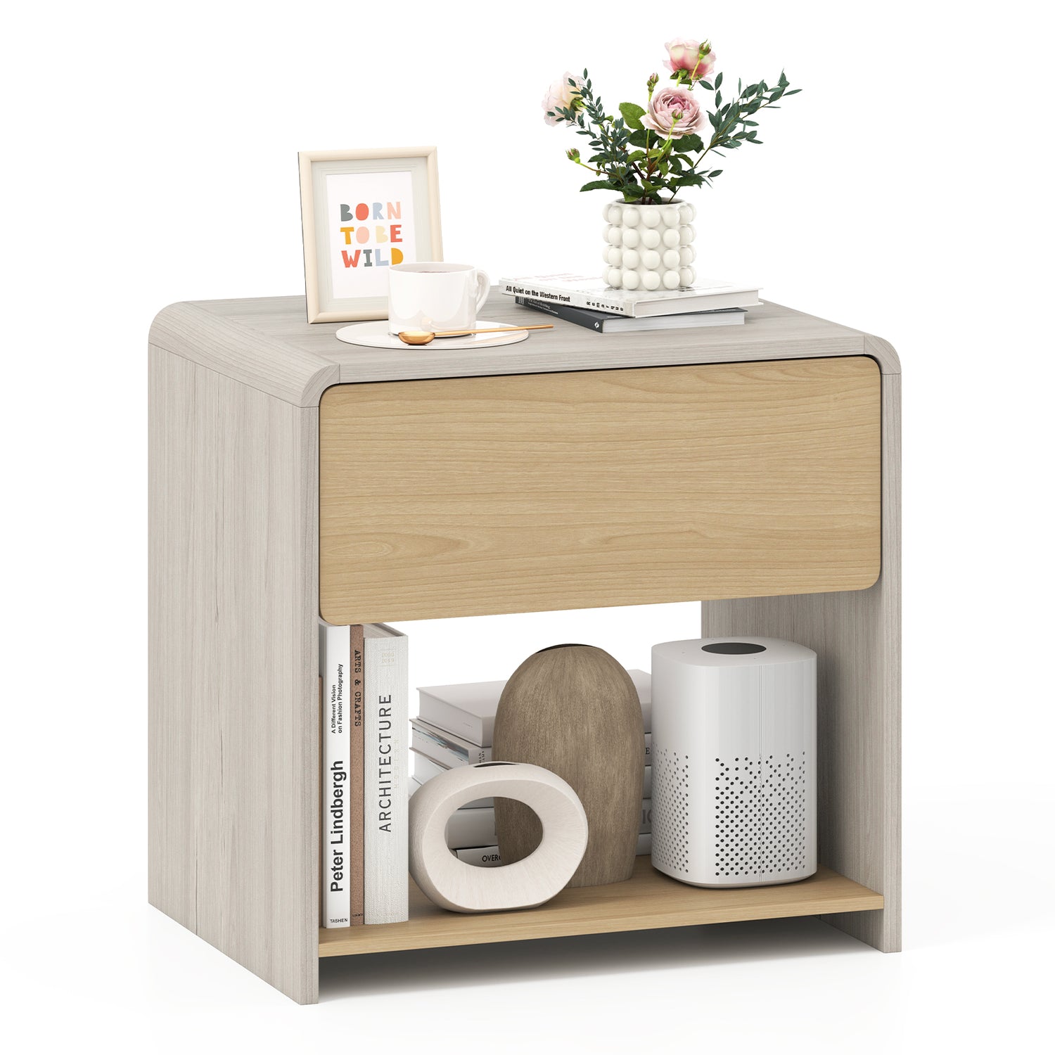 2-Tier Modern Style Nightstand with Drawer and Open Shelf-Oak