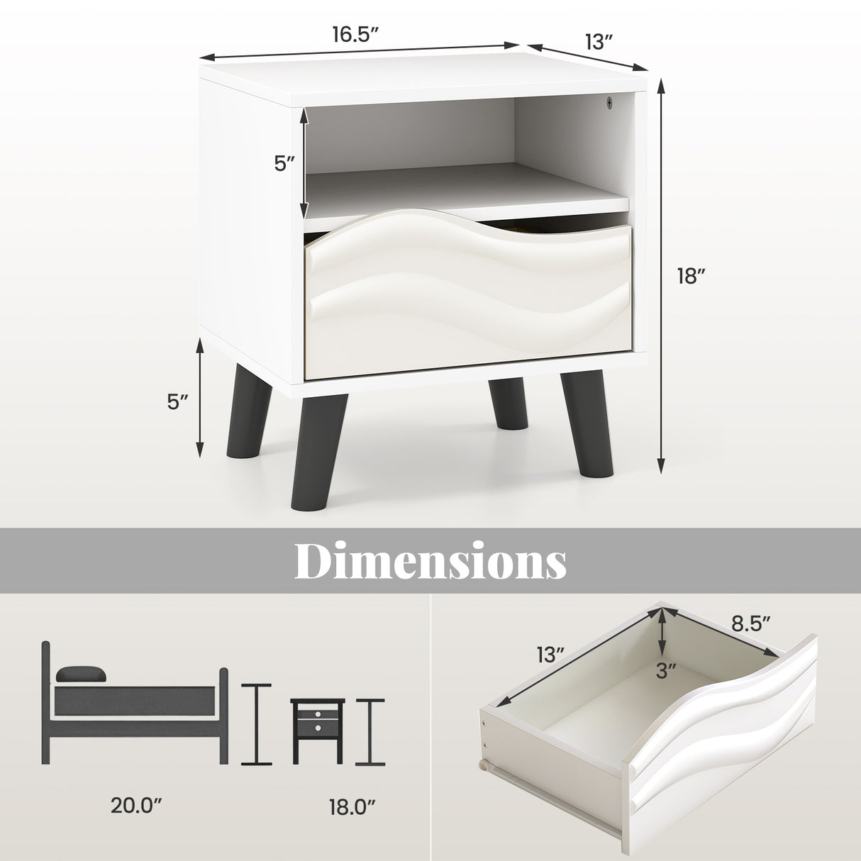 Nightstand Mid Century Modern Bedside Table with 3D Wavy Pattern and Open Shelf-White