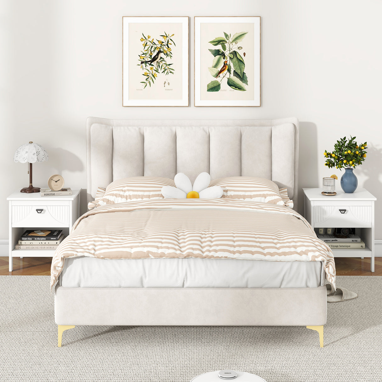2-tier Wood Nightstand with Drawer and Open Storage Shelf for Bedroom-White