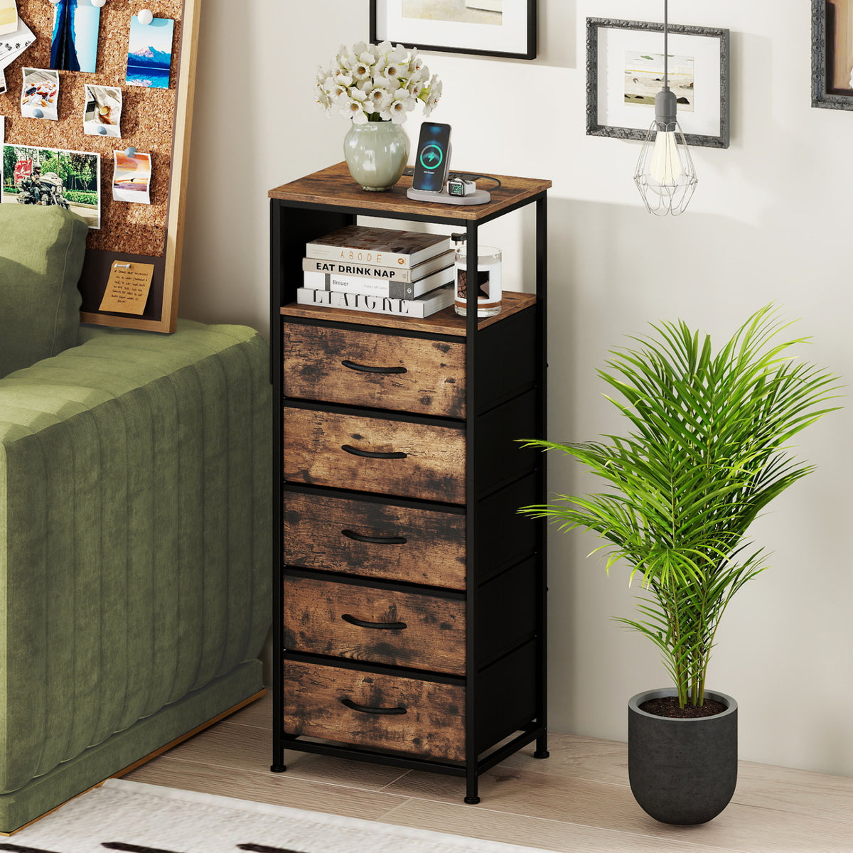Nightstand with Integrated Charging Station 39 Inches Modern Bedside Table