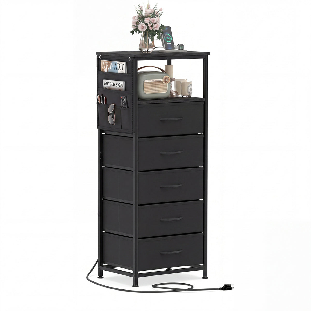 Nightstand with Integrated Charging Station 39 Inches Modern Bedside Table