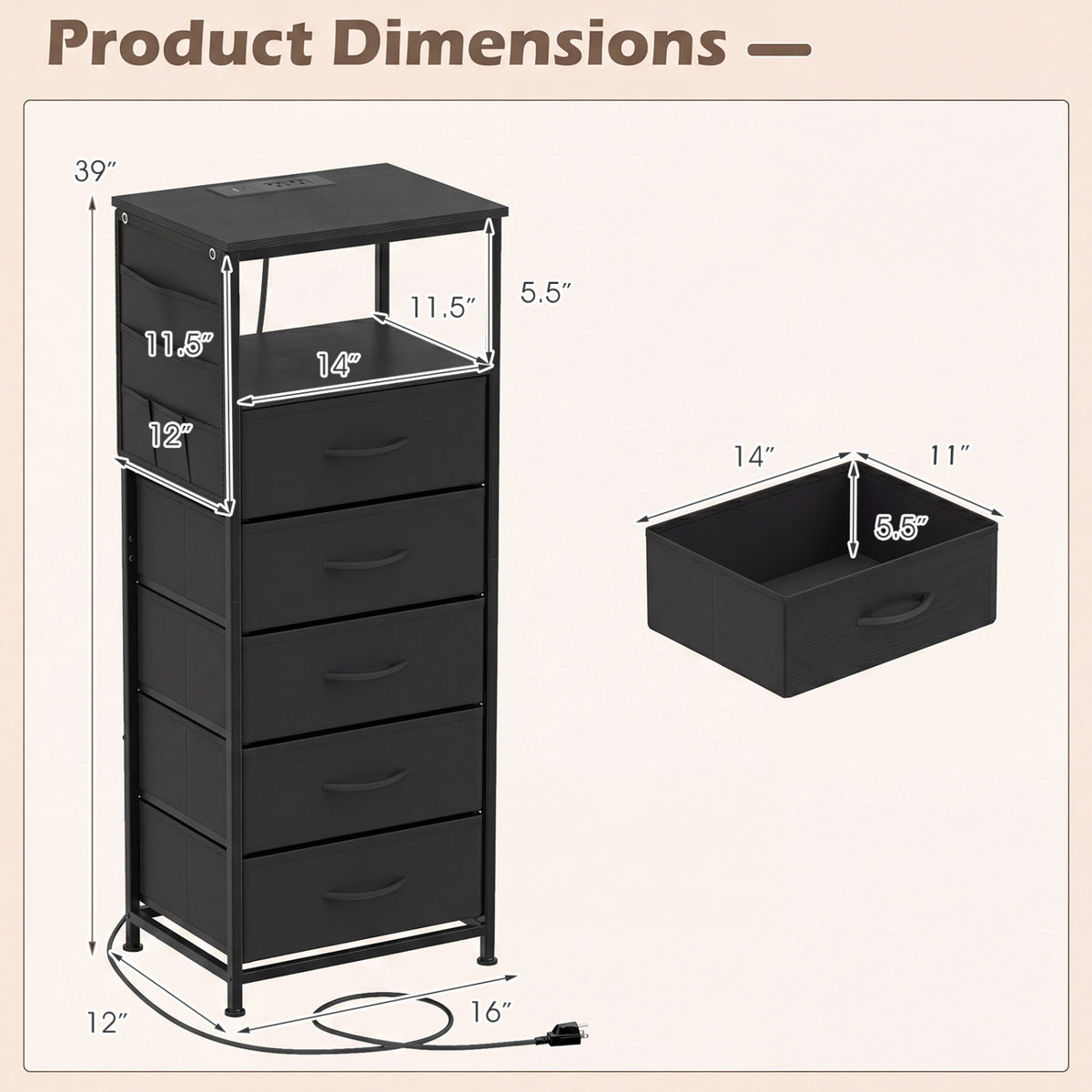 Nightstand with Integrated Charging Station 39 Inches Modern Bedside Table